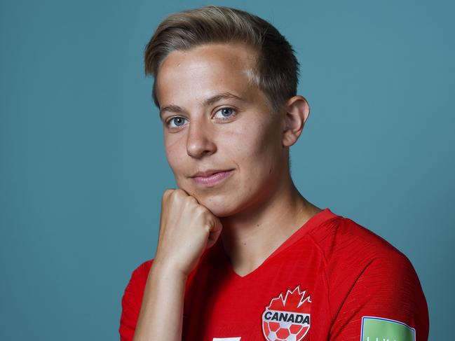 MONTPELLIER, FRANCE - JUNE 07: Rebecca Quinn of Canada poses for a portrait during the official FIFA Women's World Cup 2019 portrait session at Courtyard by Marriott Montpellier on June 07, 2019 in Montpellier, France. (Photo by Ben Radford - FIFA/FIFA via Getty Images)