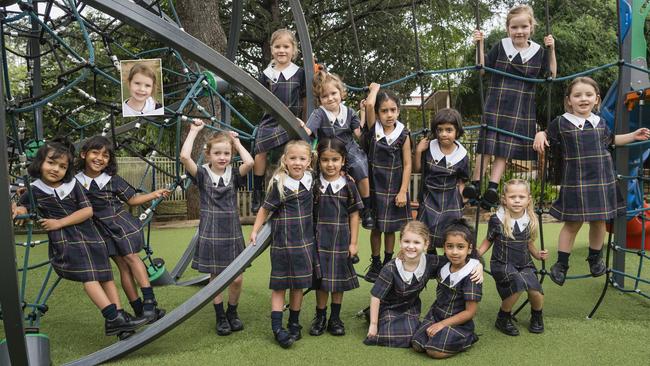 MY FIRST YEAR 2024: Fairholme College Prep students (from left) Evelyn Kaur, Eva Solanki, Imogen Collyer, Lyla Neville, Stella Valdal, Gracy Maan, Dulcie Millers (back), Hinaya Saini, Anneke Brumpton, Ciana Vimal, Aleena Mohamed Ali, Iona Pihl (back), Isla Watts and Audrey Blatchley. Inset is Talulah Smith, Friday, February 9, 2024. Picture: Kevin Farmer