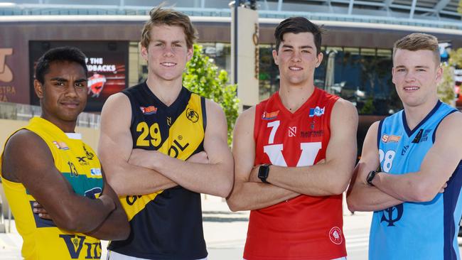 (From left) Kysaiah Pickett (Eagles/PAC), Kaine Baldwin (Glenelg/Westminster), Karl Finlay (North/PAC) and Josh Shute (Sturt/Rostrevor) outside Adelaide Oval. Picture: AAP/Brenton Edwards