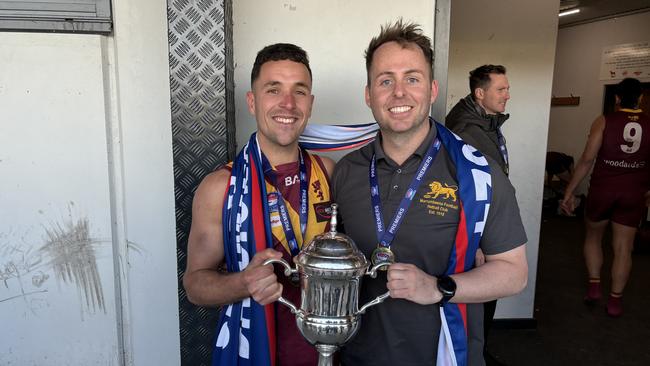 Byron Wright (L) with premiership coach Michael Kinsella.