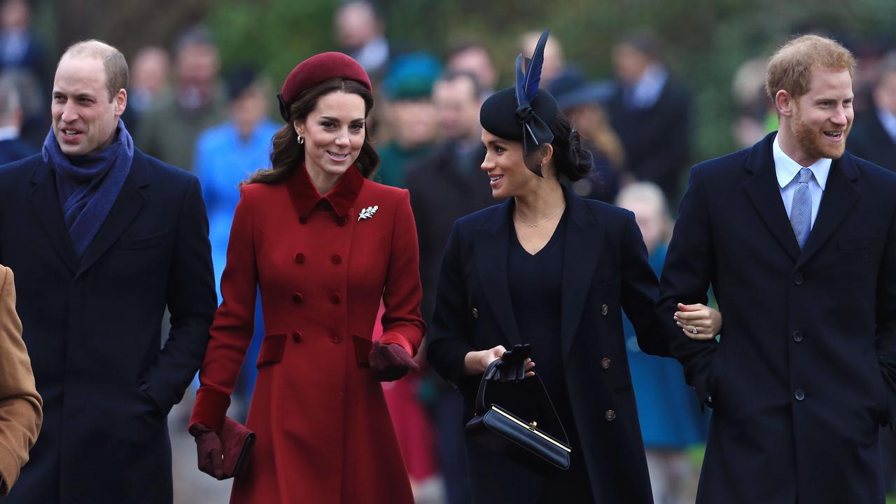 Prince William, Kate Middleton, Meghan Markle and Prince Harry are all smiles as they arrive to attend Christmas Day Church service in 2018. Picture: by Stephen Pond/Getty Images
