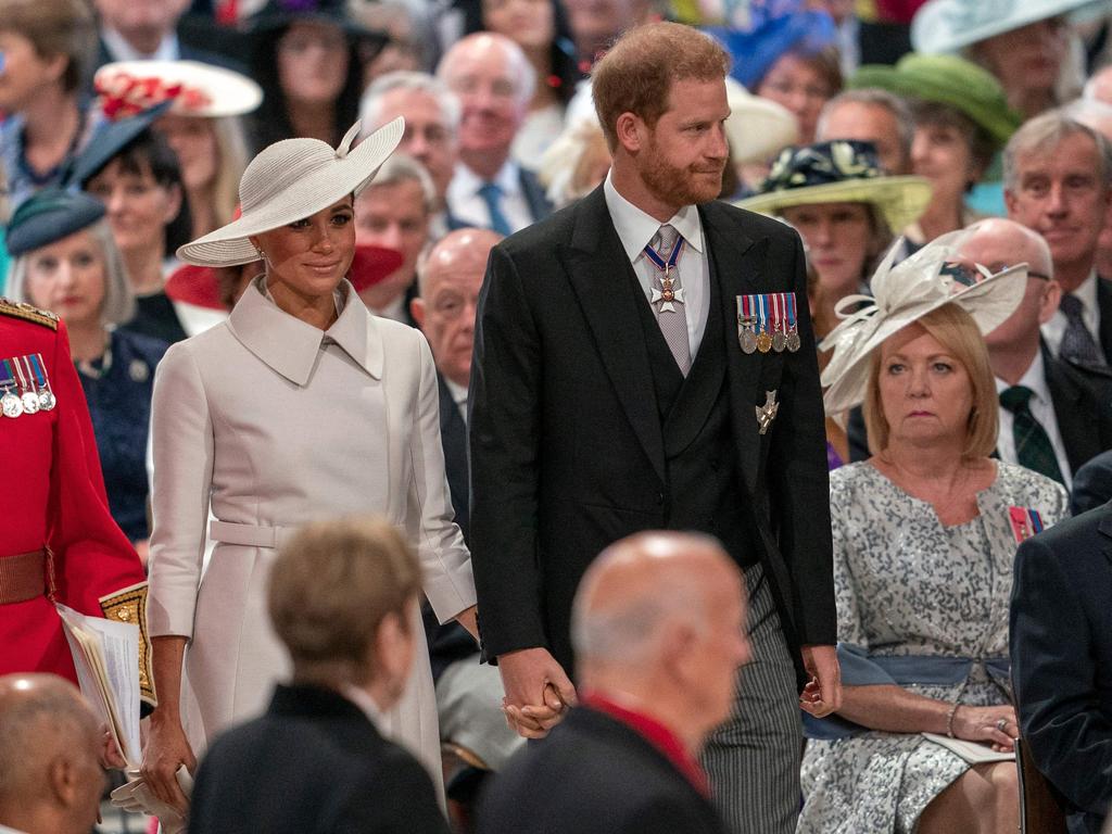 All eyes were on Prince Harry and Meghan Markle when they arrived at the National Service of Thanksgiving for The Queen's reign at Saint Paul’s Cathedral. Picture: AFP