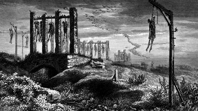 Hanged criminals, an 1880 engraving.