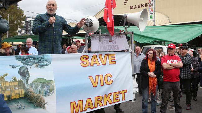 Phil Cleary addresses Queen Victoria Market redevelopment protesters. Picture: David Crosling