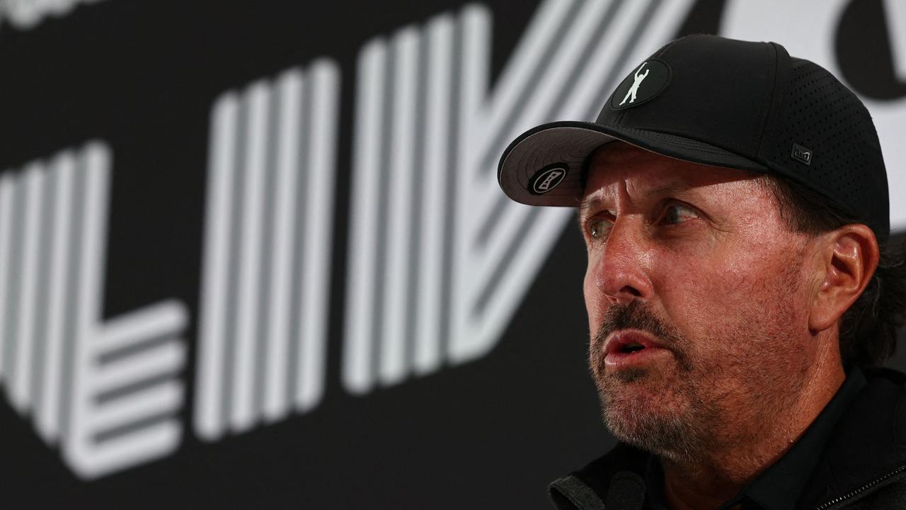 (FILES) In this file photo taken on June 8, 2022 US golf player Phil Mickelson speaks during a press conference ahead of the forthcoming LIV Golf Invitational Series event at The Centurion Club in St Albans, north of London. - Europe and the United States will lock horns at the Ryder Cup next year but the tournament could be a pale shadow of its former self after multiple defections to the rebel LIV series. Americans Phil Mickelson, Dustin Johnson, Bryson DeChambeau, Patrick Reed and Brooks Koepka will not be in the frame for selection for the US team at the event at the Marco Simone Golf and Country Club in Rome. The US PGA Tour swiftly suspended its defectors last month, effectively ruling them out of competing in the biennial team competition because they will not be able to earn the points to qualify. (Photo by Adrian DENNIS / AFP)