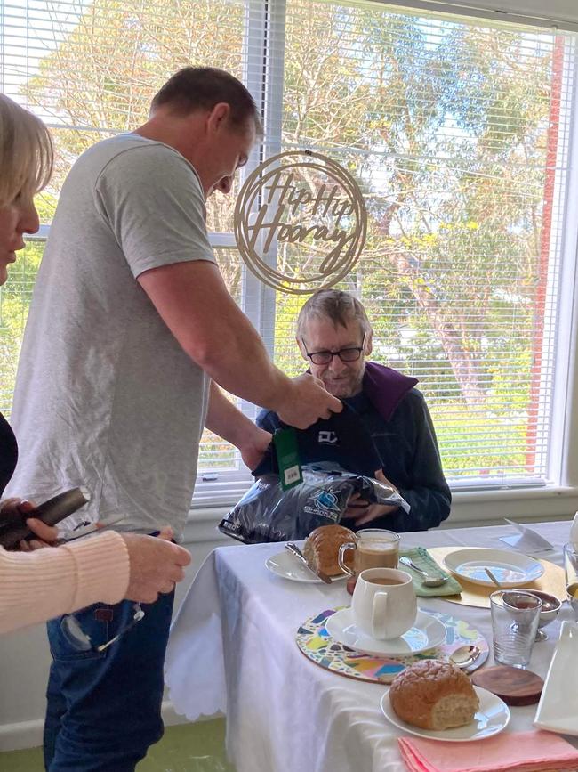 NRL legend and boxing superstar Paul Gallen surprised Brendan in his family's Cronulla home for his birthday. Picture: Supplied.