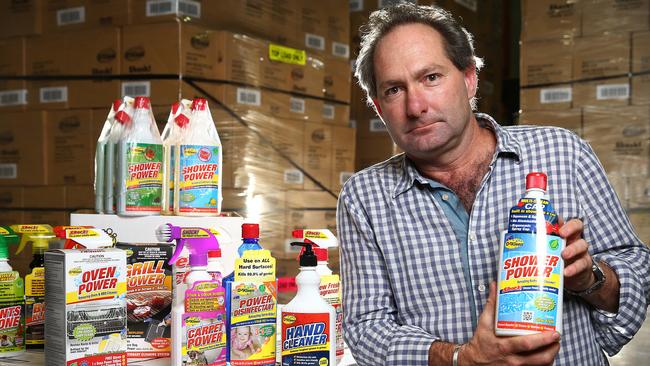 OzKleen CEO Mark Quinn in the factory with some products. Picture: Adam Head