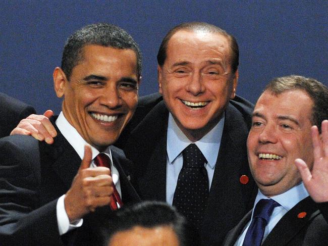 Silvio Berlusconi with then US president Barack Obama and former Russian president Dmitry Medvedev during the 2009 G20 summit. Picture: AFP