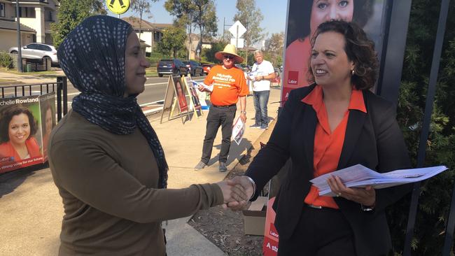 Greenway federal Labor MP Michelle Rowland greets voters at The Ponds on Election Day. Picture: Kate Lockley