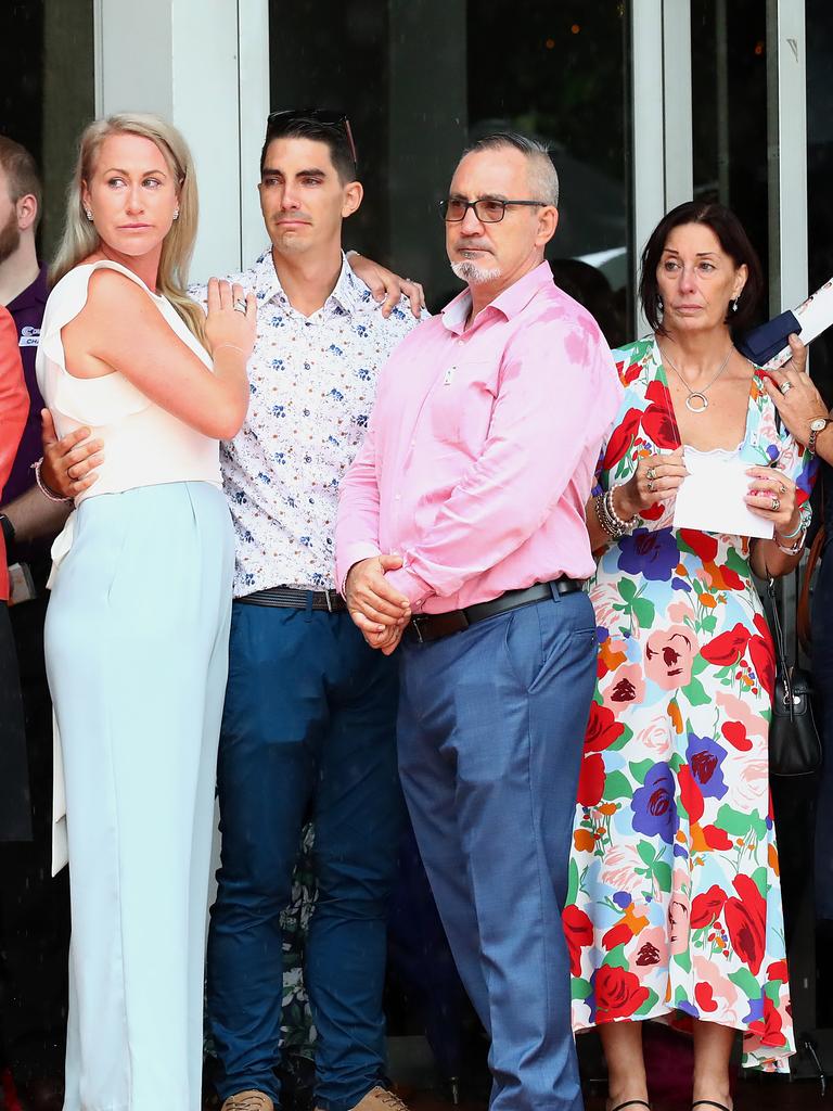 Hannah Clarke’s brother Nathaniel, father Lloyd and mother Suzanne, with Nathaniel’s wife Stacey (left). Picture: Jono Searle/AAP