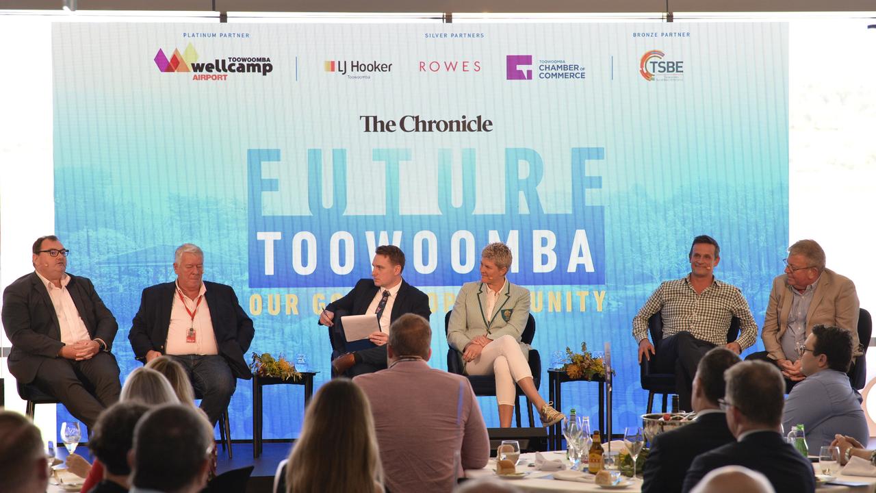 Future Toowoomba panel (from left) Mark Mason of TSBE, John Wagner of Wagner Corporation, Jordan Philp of The Chronicle, Olympian Nat Cook, Todd Rohl of Toowoomba Chamber and Mike Stewart of LJ Hooker during the panel discussion at Wellcamp Airport, Friday, December 3, 2021. Picture: Kevin Farmer