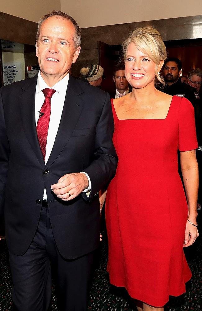 The Opposition leader and his wife Chloe Shorten after speaking to Labor Party supporters at a rally in Melbourne. Picture: Kym Smith