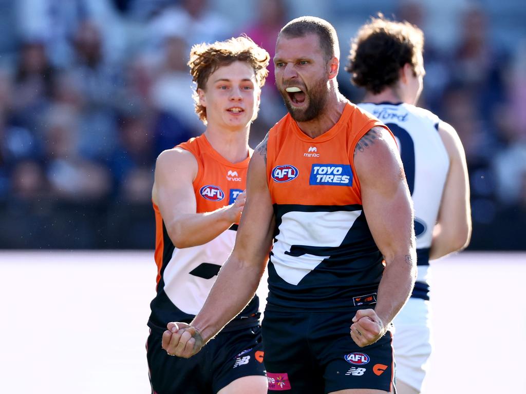 Jake Stringer looked on before he was subbed out against the Cats. Picture: Josh Chadwick/Getty Images.