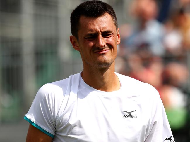 LONDON, ENGLAND - JULY 02: Bernard Tomic of Australia reacts in his Men's Singles first round match against Jo-Wilfred Tsonga of France during Day two of The Championships - Wimbledon 2019 at All England Lawn Tennis and Croquet Club on July 02, 2019 in London, England. (Photo by Clive Brunskill/Getty Images)