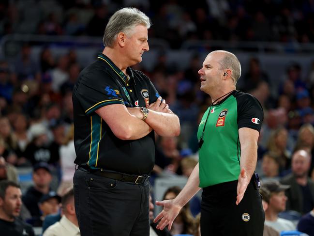 Jackjumpers head coach Scott Roth receives a technical foul warning at John Cain Arena. Picture: Josh Chadwick/Getty Images.