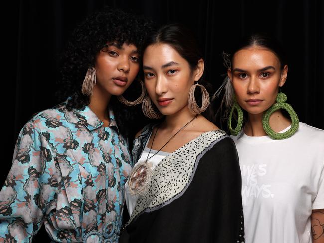 SYDNEY, AUSTRALIA - MAY 17: Models pose backstage ahead of the Ngali show during Afterpay Australian Fashion Week 2023 at Carriageworks on May 17, 2023 in Sydney, Australia. (Photo by Mark Nolan/Getty Images for AAFW)