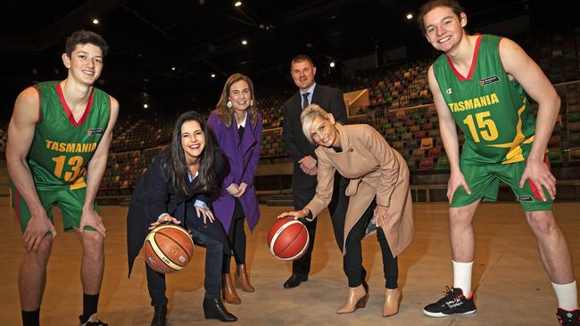 Phoenix Robey 16, Jane Howlett MP, Glenorchy Mayor Kristie Johnston, Basketball Tasmania CEO Chris McCoy, Elise Archer MP and Luke Brown 16 at the DEC. Picture Chris Kidd