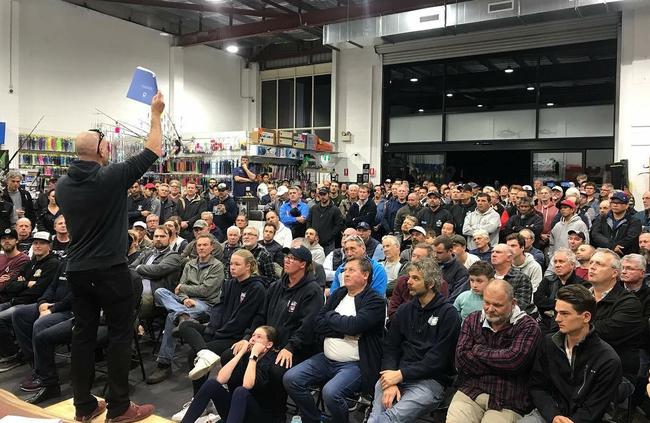 Justin Duggan, from Sydney Fly Fishing Tours, speaks to the Stop the Lockout meeting in Mona Vale protesting a proposed marine park expansion on the northern beaches.