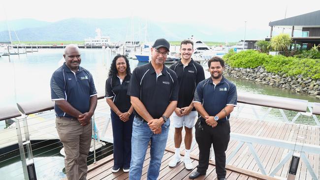 Isaac Ghee from Malu Ventures: Torres Strait, Wakaid's Ann-Maree Titasey, director Frank Aragu, Kyasi Aragu and Malu Ventures mentor Quinn Ross-Passi in Cairns for the announcement of support for First Nations-led training. Picture: Peter Carruthers