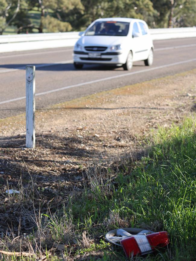 Debris left at the scene of the shocking double-fatal crash on Long Valley Rd near Strathalbyn. Picture: Russell Millard