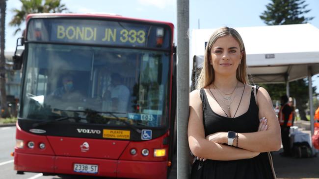 Rachelle Bakhos, 27, catches the 333 bus from Bondi, which is one of the slowest routes in Sydney. Picture: David Swift