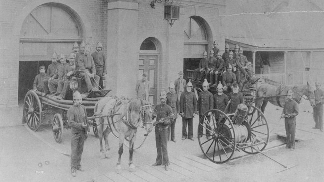 Fire engines at Maryborough Fire Station, Adelaide Street, Maryborough, ca. 1888. Showcasing early firefighting equipment and the dedication of local fire brigades. Source: Maryborough Wide Bay &amp; Burnett Historical Society