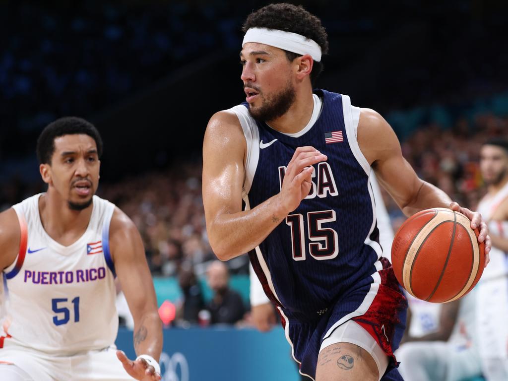 Team USA superstar Devin Booker has been a big fan of Josh Giddey’s performances for the Boomers at the Paris Olympics. Photo: Gregory Shamus/Getty Images.