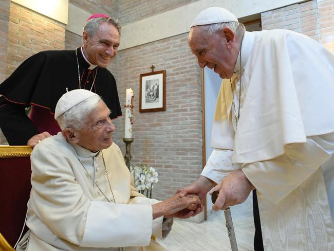 Pope Francis, with Pope Benedict in 2022, has praised his “noble” and “kind” predecessor. Picture: AFP