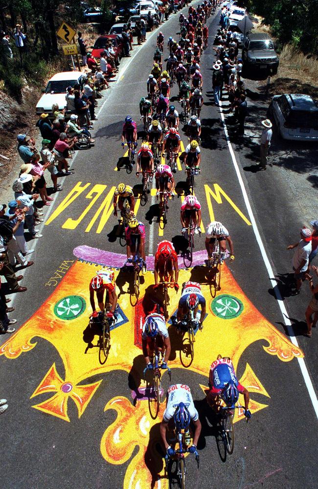 TDU cyclists competing at Willunga Hill.