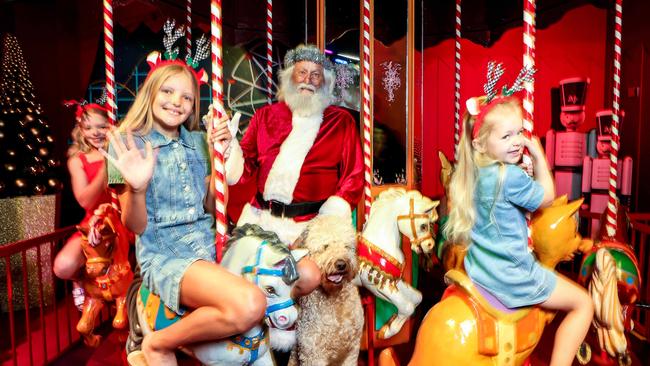 Meadow Francis-Staite, 4, River 8, Willow, 11 and Banjo the dog with Santa. Picture: Russell Millard