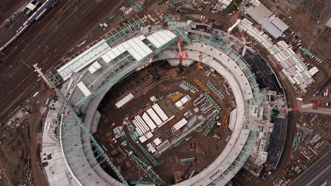 Aerial shots of Docklands Stadium during construction.