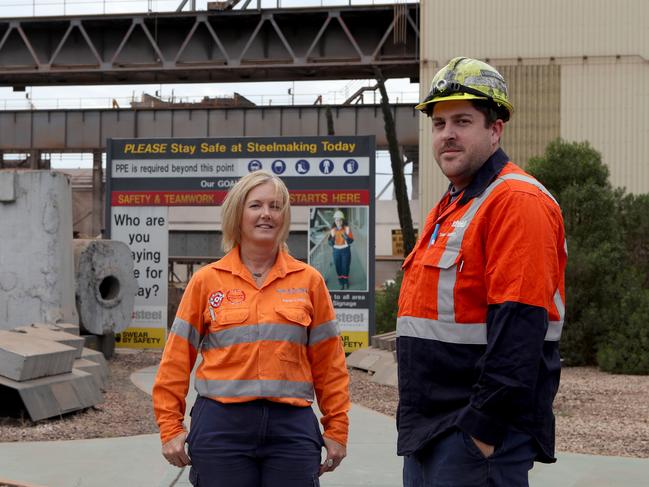Whyalla worker Karen Lynch with Stuart Munro (caster operator), who's involved with a new program called MATES in Construction. Picture: Kelly Barnes/The Australian