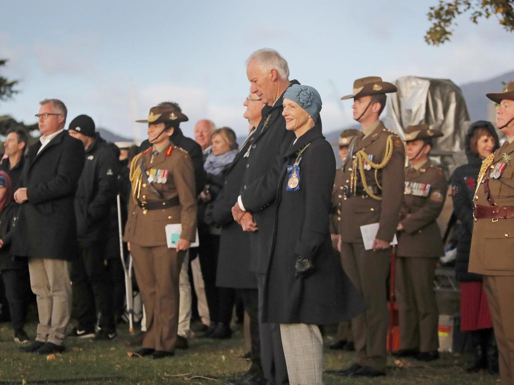 The Governor Kate Warner and her husband Dick at the Anzac Day dawn service at the Hobart cenotaph. Picture: PATRICK GEE