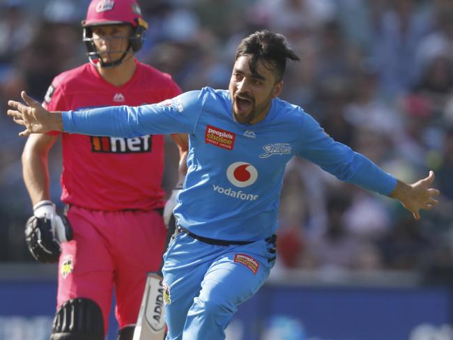 Rashid Khan of the Strikers celebrates his fourth wicket during the Big Bash League (BBL) cricket match between Adelaide Strikers and Sydney Sixers at Adelaide Oval in Adelaide, Wednesday, January 8, 2020. (AAP Image/Kelly Barnes) NO ARCHIVING, EDITORIAL USE ONLY, IMAGES TO BE USED FOR NEWS REPORTING PURPOSES ONLY, NO COMMERCIAL USE WHATSOEVER, NO USE IN BOOKS WITHOUT PRIOR WRITTEN CONSENT FROM AAP