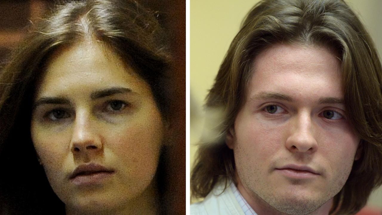 Italian Raffaele Sollecito (R) during a press conference on July 1, 2014 in Rome and Amanda Knox, US national then accused with former lover Sollecito of the 2007 murder of her housemate Meredith Kercher. Picture: Filippo Monteforte and Tiziana Fabi / AFP