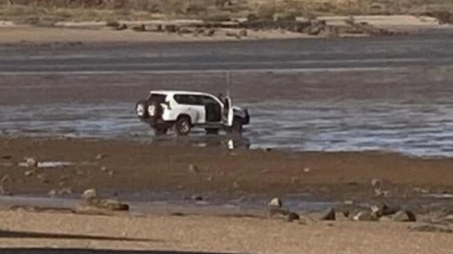 The man’s four-wheel-drive in the water on the Dampier Foreshore shortly after the alleged incident on September 4. Picture: Facebook