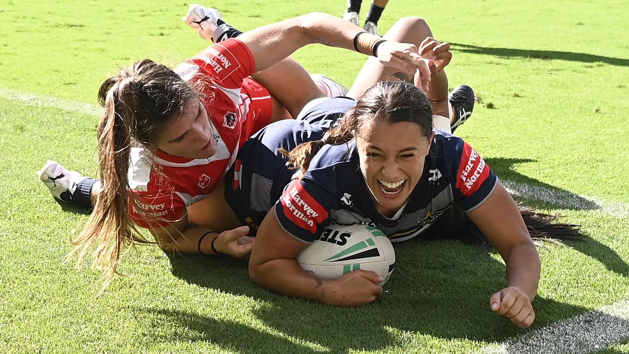 Krystal Blackwell of the North Queensland Cowboys scores a try during the round seven NRLW match between North Queensland Cowboys and St George Illawarra Dragons at Queensland Country Bank Stadium in Townsville. The Cowboys’ NRLW team host the Dragons against this weekend. (Photo by Ian Hitchcock/Getty Images)