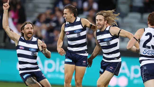 Francis Evans celebrates kicking a goal with Geelong in 2021. Picture: Michael Klein