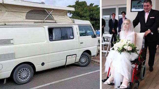 Tony Simrajh’s camper he spent $14,000 was stolen, taken to a wreckers and sold off for parts, he’s pictured here with his late-daughter Ashleigh Hale (nee Simarjh) when she got married at the start of September, she passed away 11 days later from melanoma.