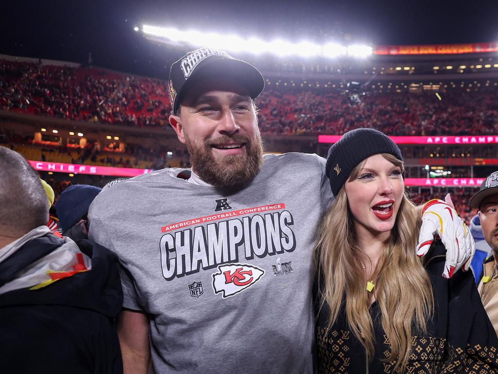 Taylor Swift celebrates with Travis Kelce after his team beat the Buffalo Bills in a victory that won the Chiefs a place in the Super Bowl. Picture: Getty Images