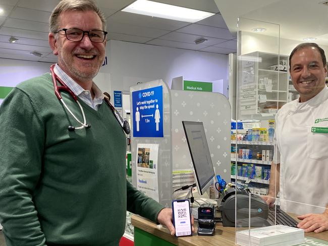 Dr Daniel Byrne and pharmacist Chris Tsamandanis after dispensing SA's first e-script. Picture supplied by Danny Byrne.