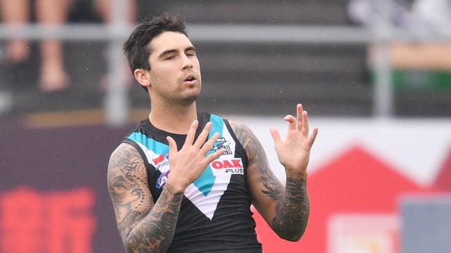 Chad Wingard of the Power reacts after missing a goal during the Round 9 AFL match between the Gold Coast Suns and the Port Adelaide Power at the Adelaide Arena at Jiangwan Stadium in Shanghai, China, Saturday, May 19, 2018. (AAP Image/David Mariuz) NO ARCHIVING, EDITORIAL USE ONLY