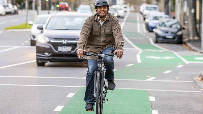 Anthony on the bike lane at the corner of Rathdowne Street and Faraday Streets, Carlton. Picture: Tim Carrafa