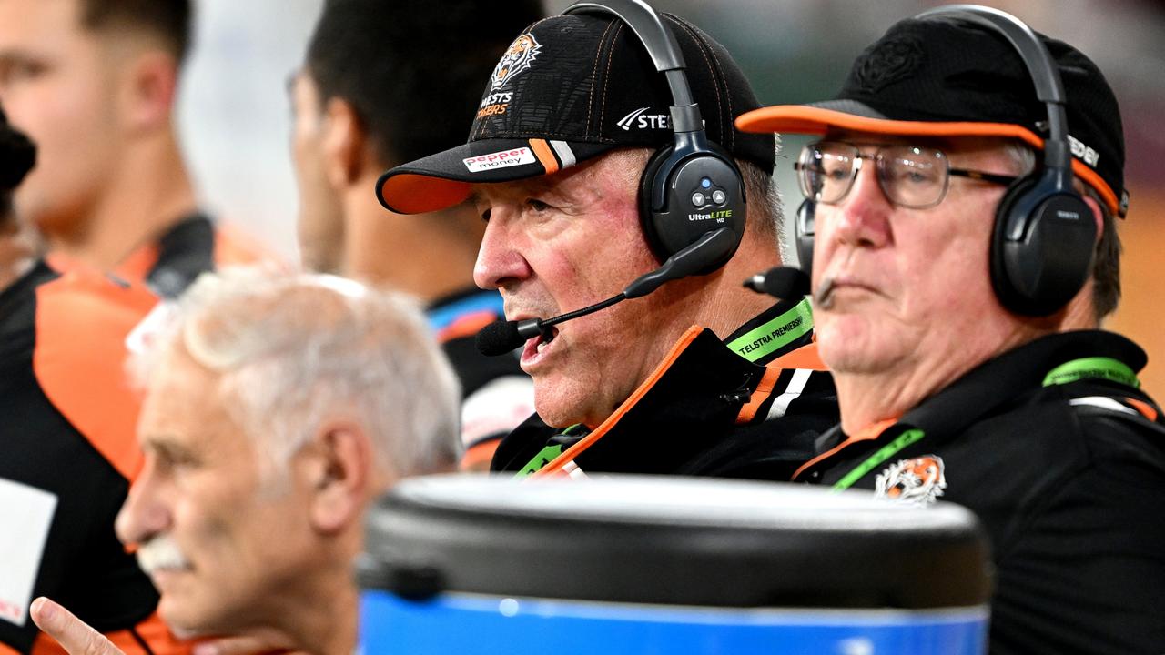 Tigers coach Tim Sheens looks frustrated as he watched on from the sideline at Suncorp Stadium. Picture: Getty Images