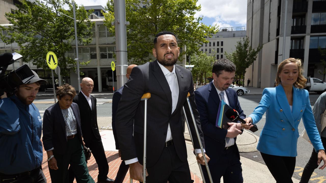 Nick Kyrgios arrived at the court on crutches after recently undergoing knee surgery. Picture: NCA NewsWire / Gary Ramage