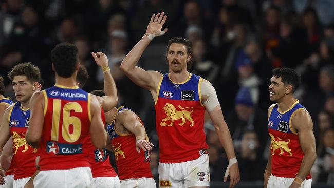 The suddenly consistent Joe Daniher celebrates a goal on Friday night. Picture: Daniel Pockett/Getty Images