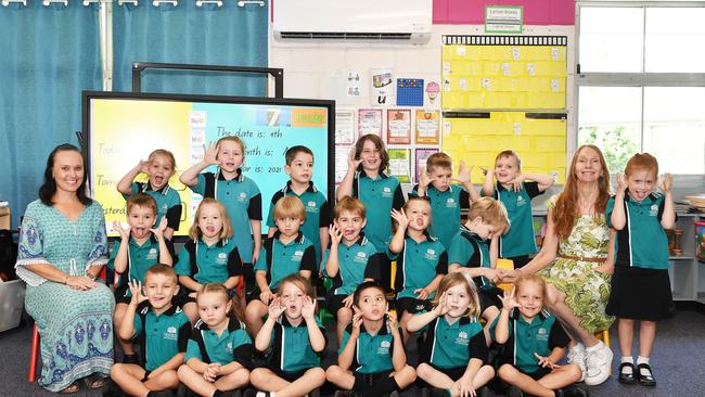 MY FIRST YEAR: Funny faces. Landsborough State School Preps. Picture: Patrick Woods.