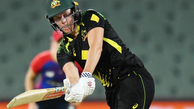 Tahlia McGrath of Australia bats during the first T20 at Adelaide Oval on Thursday. Picture: Getty Images