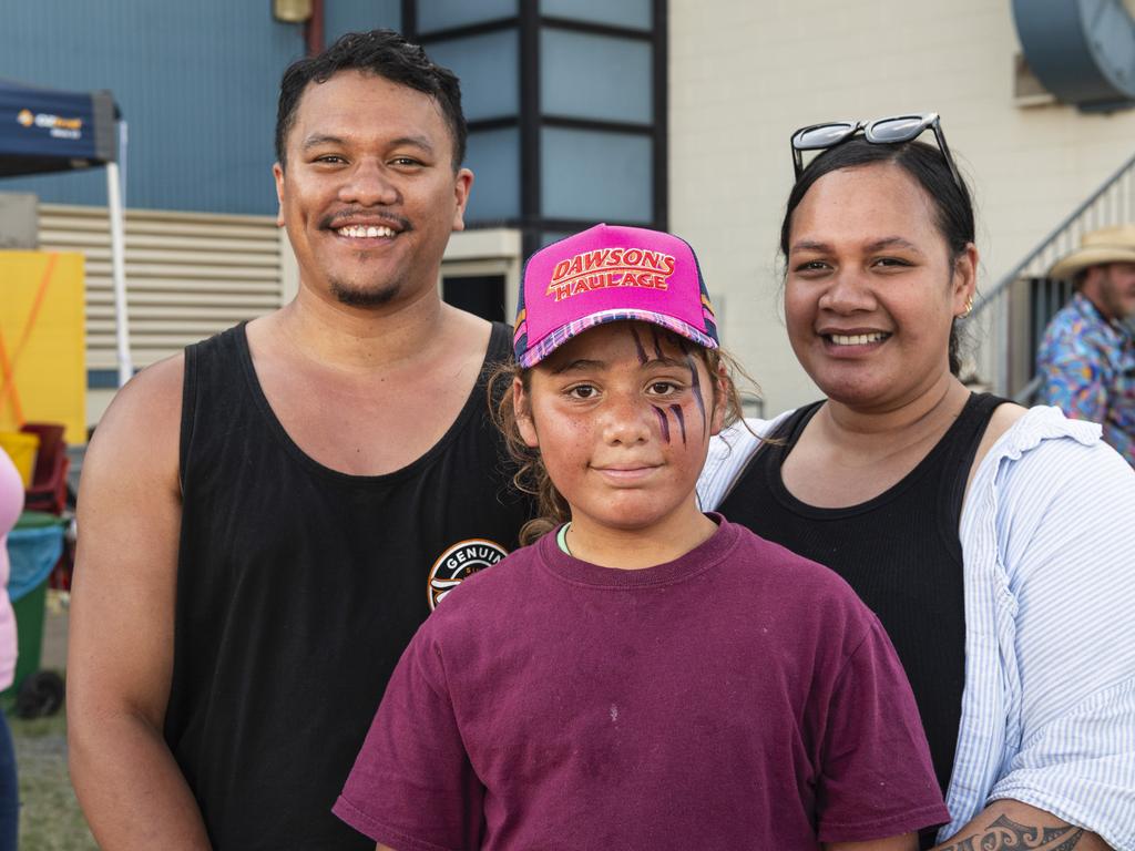 At Lights on the Hill Trucking Memorial are (from left) Arkanessi, Jessie, and Kairo Thompson at Gatton Showgrounds, Saturday, October 5, 2024. Picture: Kevin Farmer