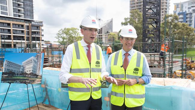 NSW Premier Dominic Perrottet and Infrastructure Minister Rob Stokes visit the development site of the new Powerhouse Museum in Parramatta. Picture: Julian Andrews.